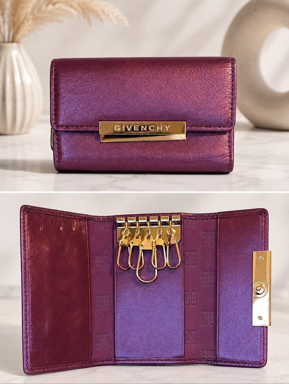 Givenchy Metallic Burgundy Leather 5 Key Holder Wallet Gold Logo Made in Italy